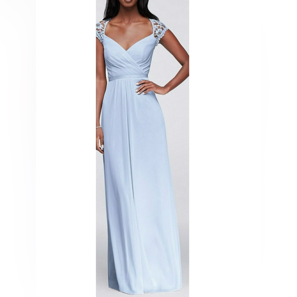 Long Mesh Dress with Cap Sleeves Ice Blue David’s Bridal Dress